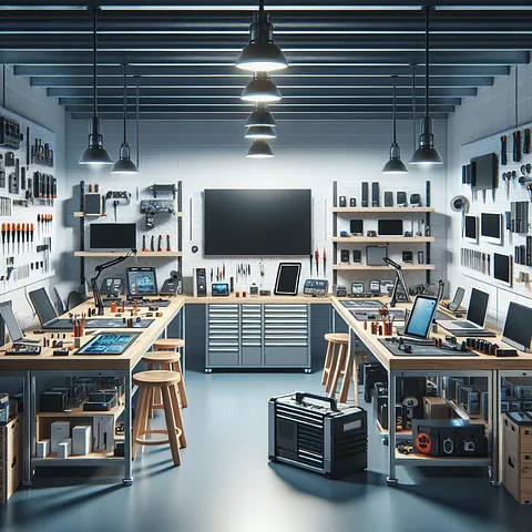 Modern tech repair shop with devices and tools