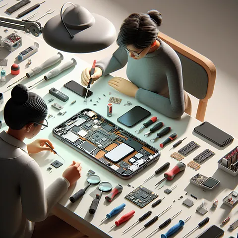 Realistic stock image of technician repairing mobile.