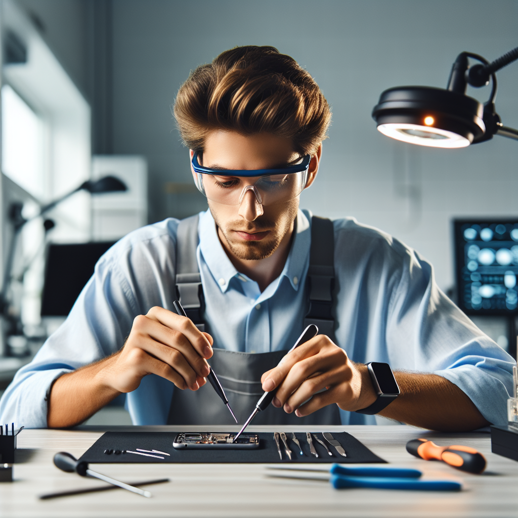Realistic stock image of technician repairing smartphone